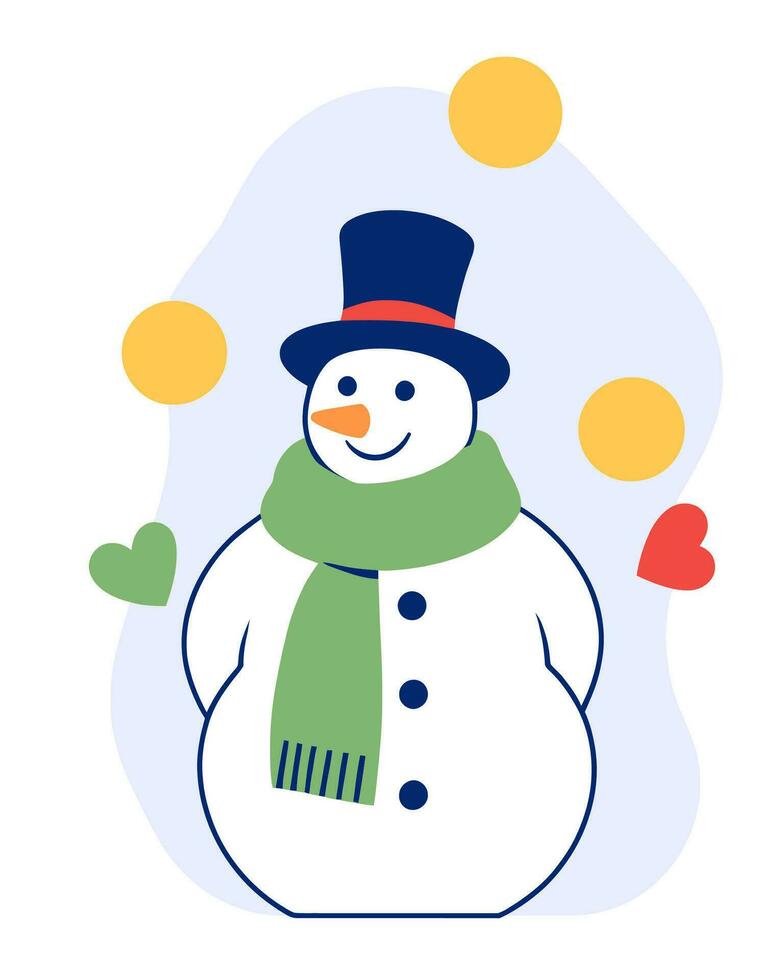 Cute snowman in top hat and scarf, flat vector illustration.