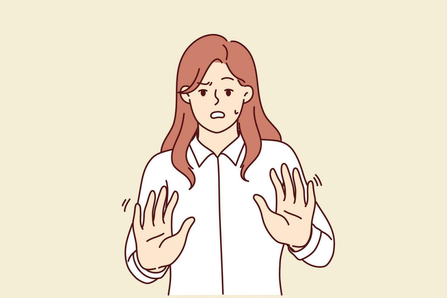 Frightened businesswoman makes stop gesture and experiences panic attack due to news of economic crisis. Unhappy panicked entrepreneur girl needs psychological help due to stress and overwork vector