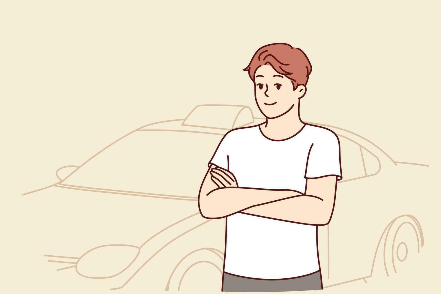 Man stands near taxi car and crosses arms, posing before long trip to work. Young guy is taxi passenger located on city street and looks at camera offering to use services of transport company. vector