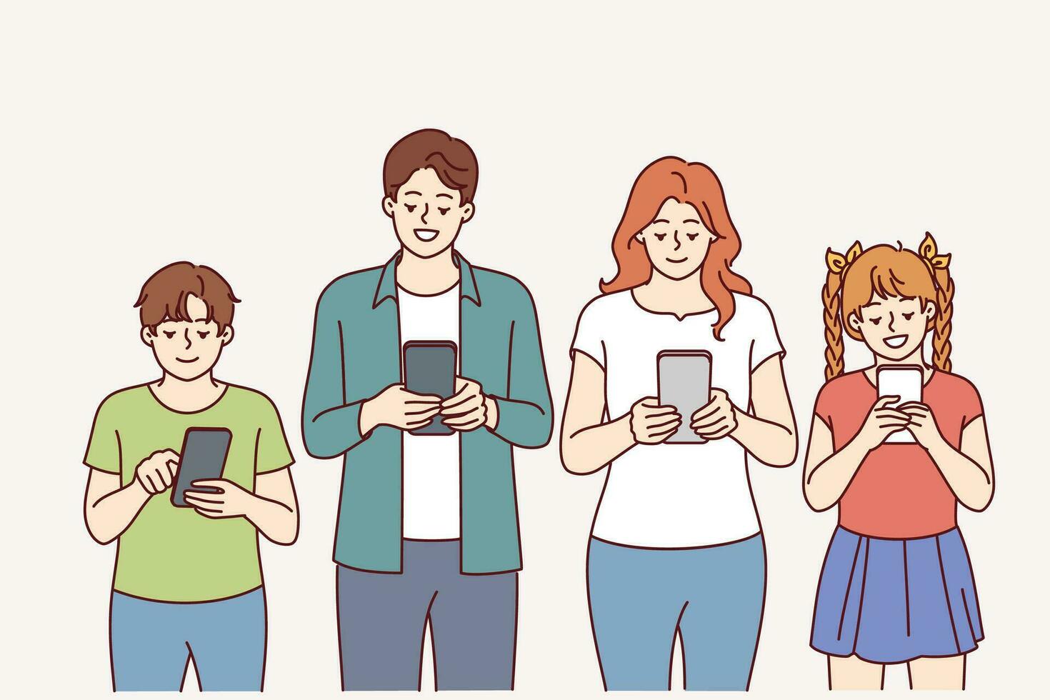 entusiasta familia con móvil Los telefonos en manos estar en fila y negar real comunicación. introvertido familia usos teléfonos inteligentes, para concepto de digitalización de sociedad y dependencia en artilugio vector