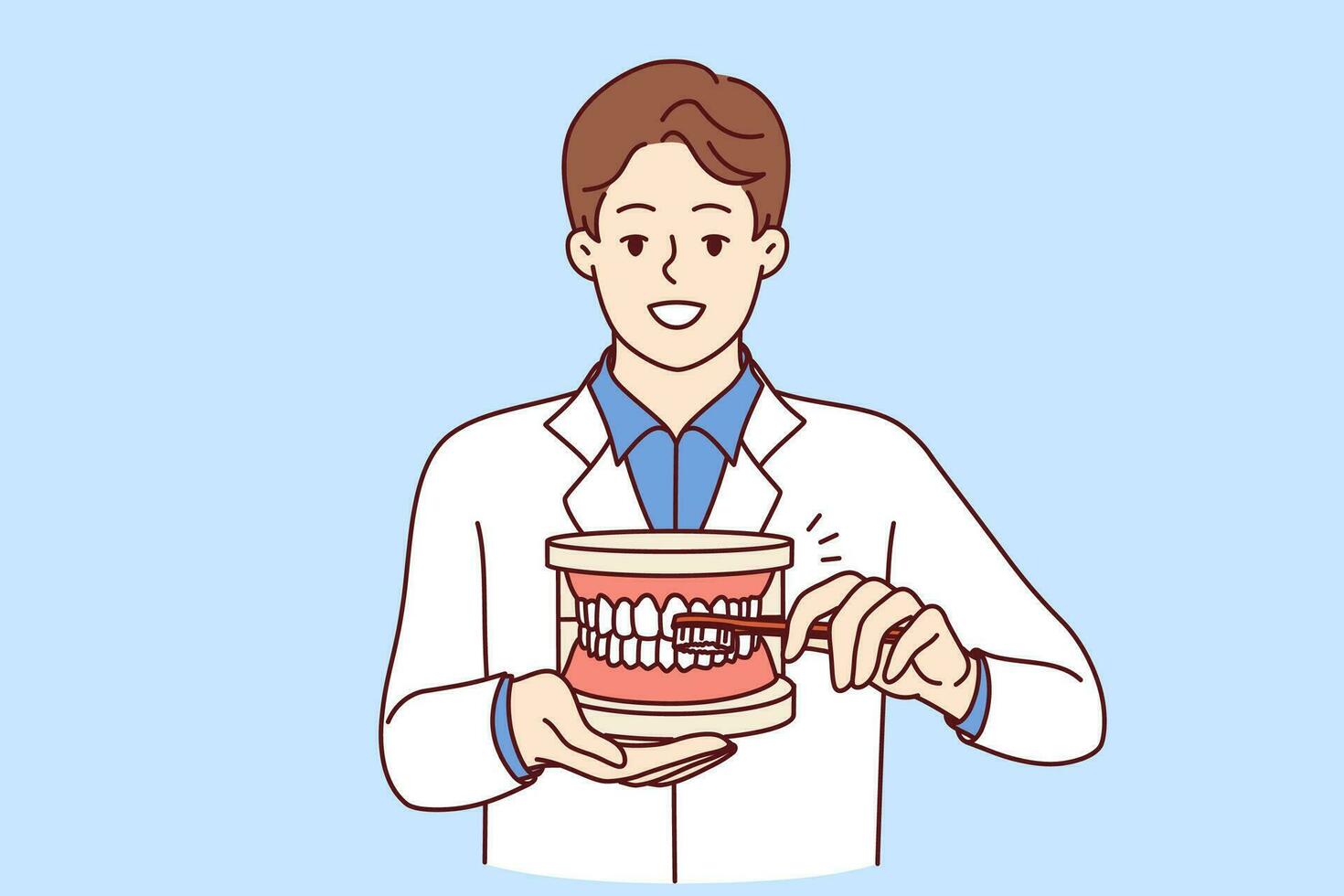 Man dentist explaining rules of brushing teeth, holding toothbrush and giant jaw in hands. Guy dentist recommends observing hygiene requirements to avoid appearance of caries in mouth vector