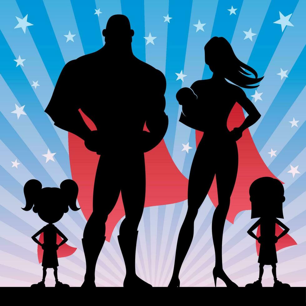 Superhero Family with 2 Girls and Baby vector