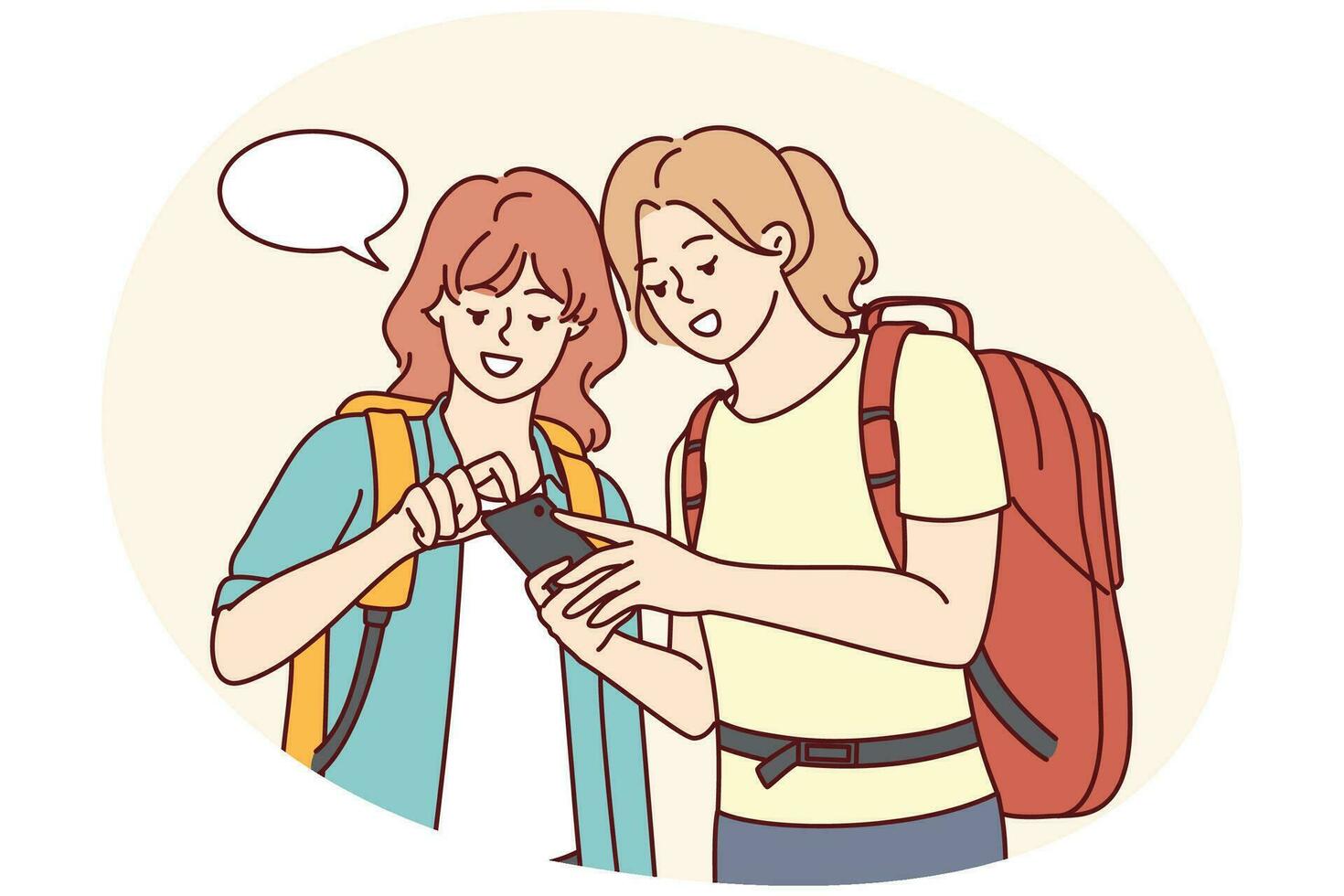 Happy girls travelers with backpacks looking at map on smartphone. Smiling female tourists using cellphone GPS in trip. Travel and technology. Vector illustration.