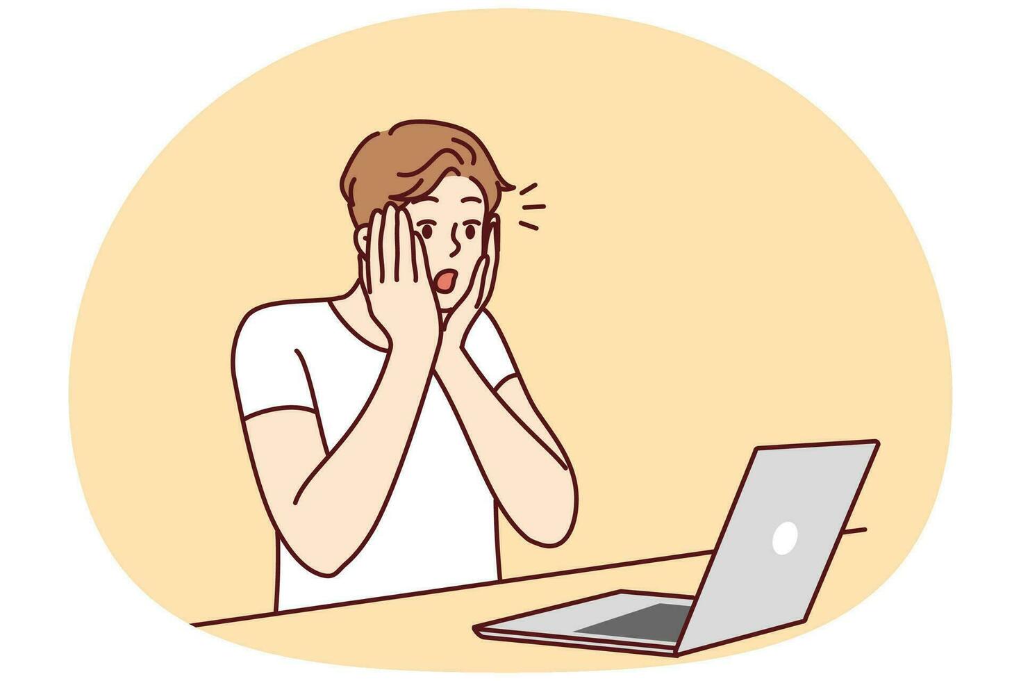 Stunned man look at laptop shocked by news online. Amazed guy surprised by unbelievable message on computer screen. Vector illustration.