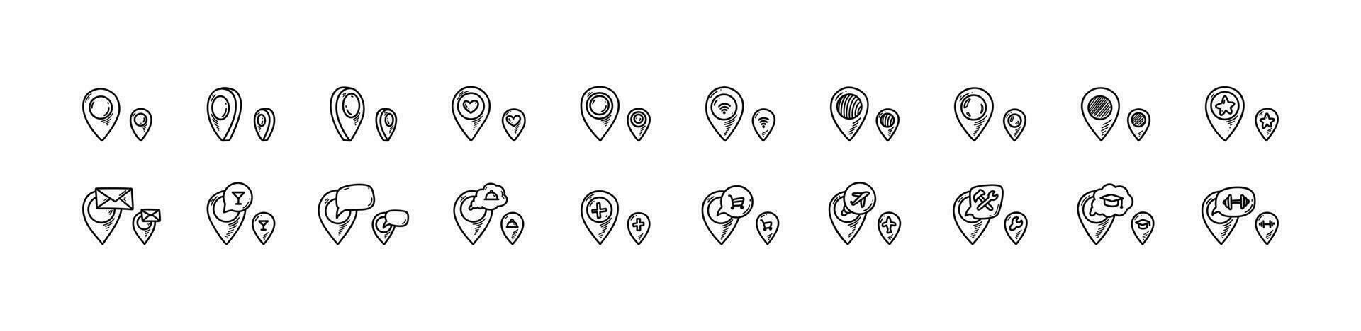 Location pin icons set. Doodle location marker. Sketch restaurant, gym, bar, airport, hospital, store, university pinpoint. Hand drawn gps navigation mark. vector