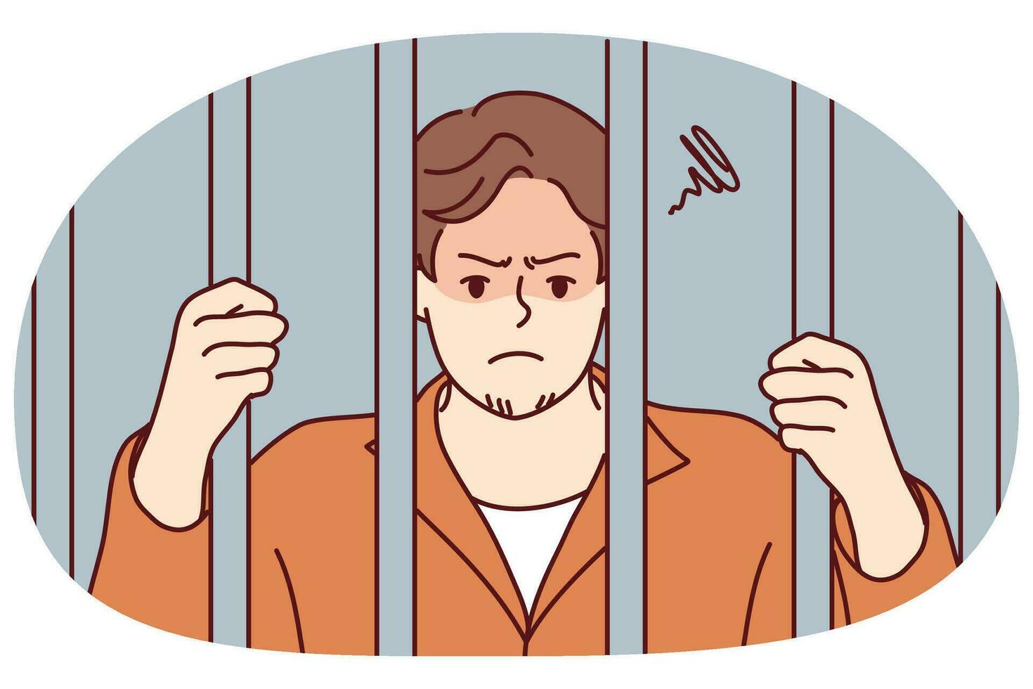 Unhappy man in robe behind bars in jail. Angry male criminal imprisoned for crime or misdemeanor. Imprisonment and sentence. Vector illustration.
