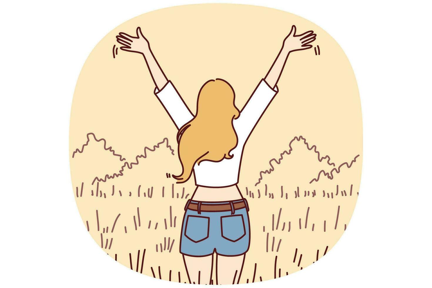 Back view of woman stand in field with hands raised excited with good day. Overjoyed girl enjoy mental health and recovery. Vector illustration.