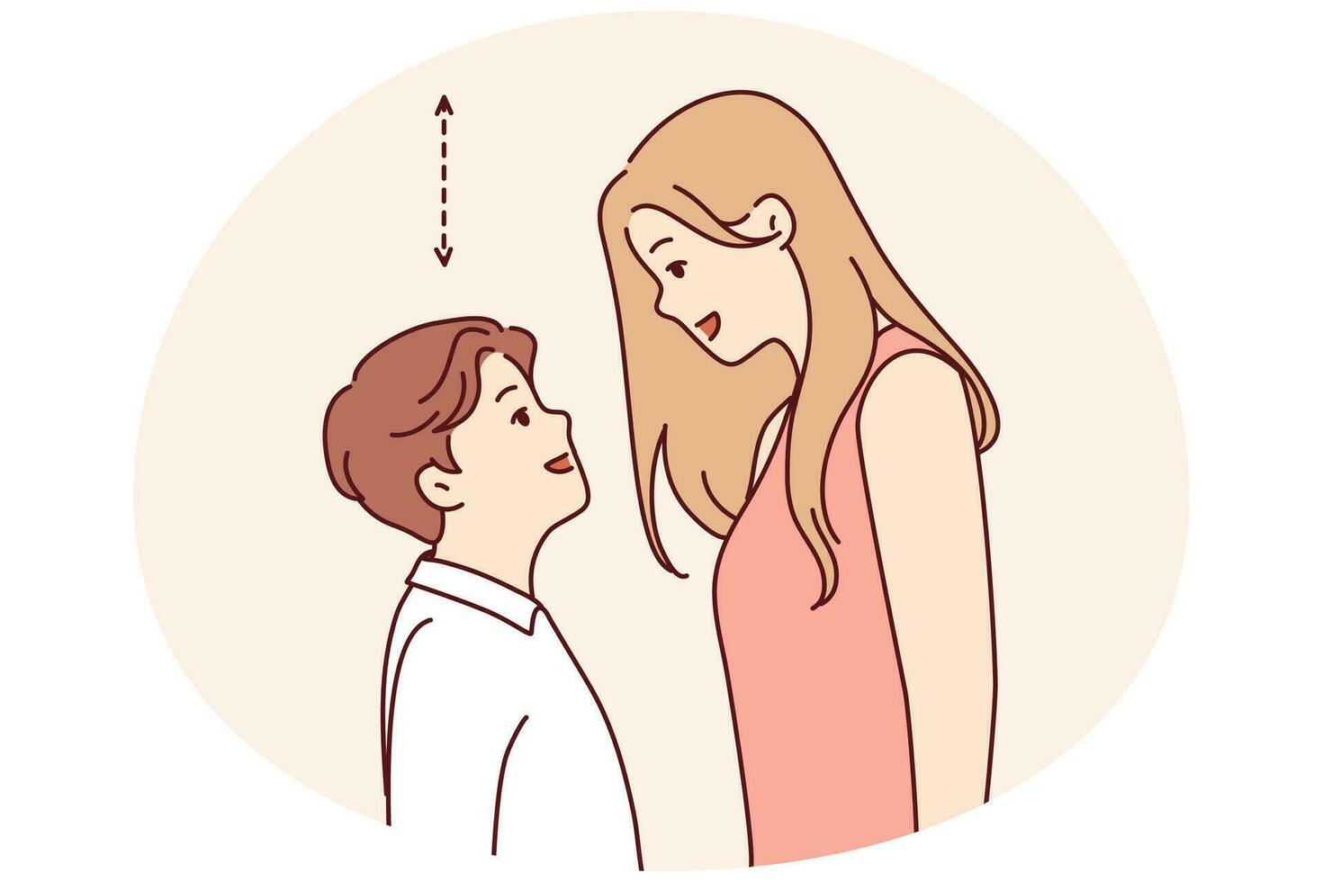 Couple with different height look in eyes. Tall woman and short man contrasting height. Relationship problem concept. Vector illustration.
