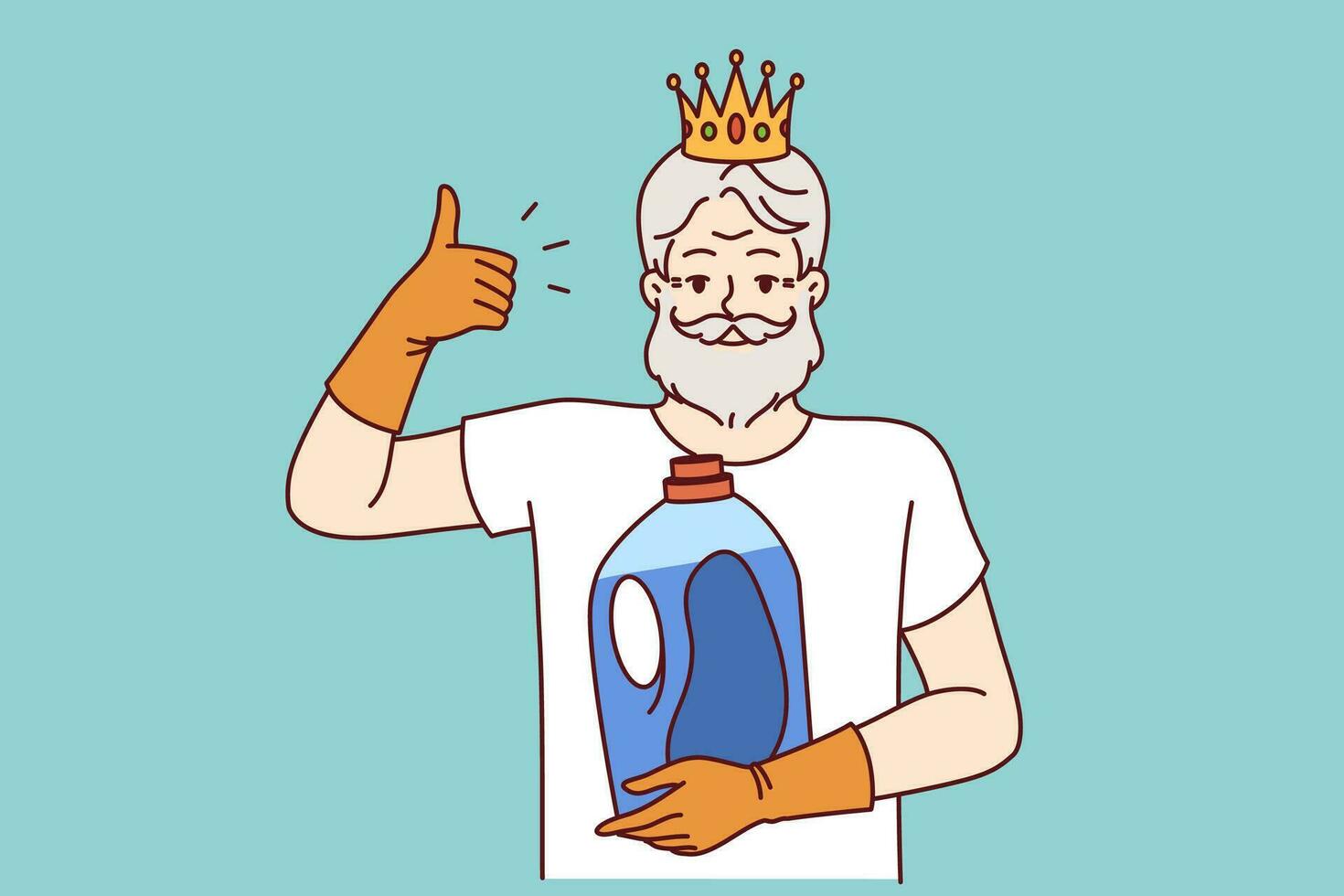 Older man holds bottle of detergent and gives thumbs up, recommending quality liquid fabric softener. Bearded pensioner with golden crown on head advertises new brand of detergent. vector