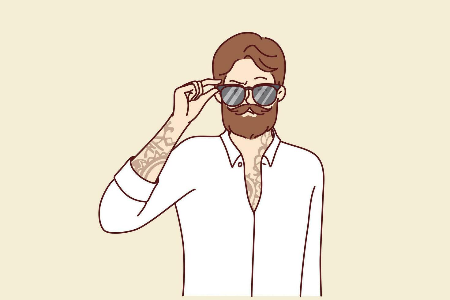 Hipster man with trendy beard and mustache puts on sunglasses and has tattoo on chest and arms. Young brutal guy gangster or member of criminal gang with tattoo on body, looks at screen vector