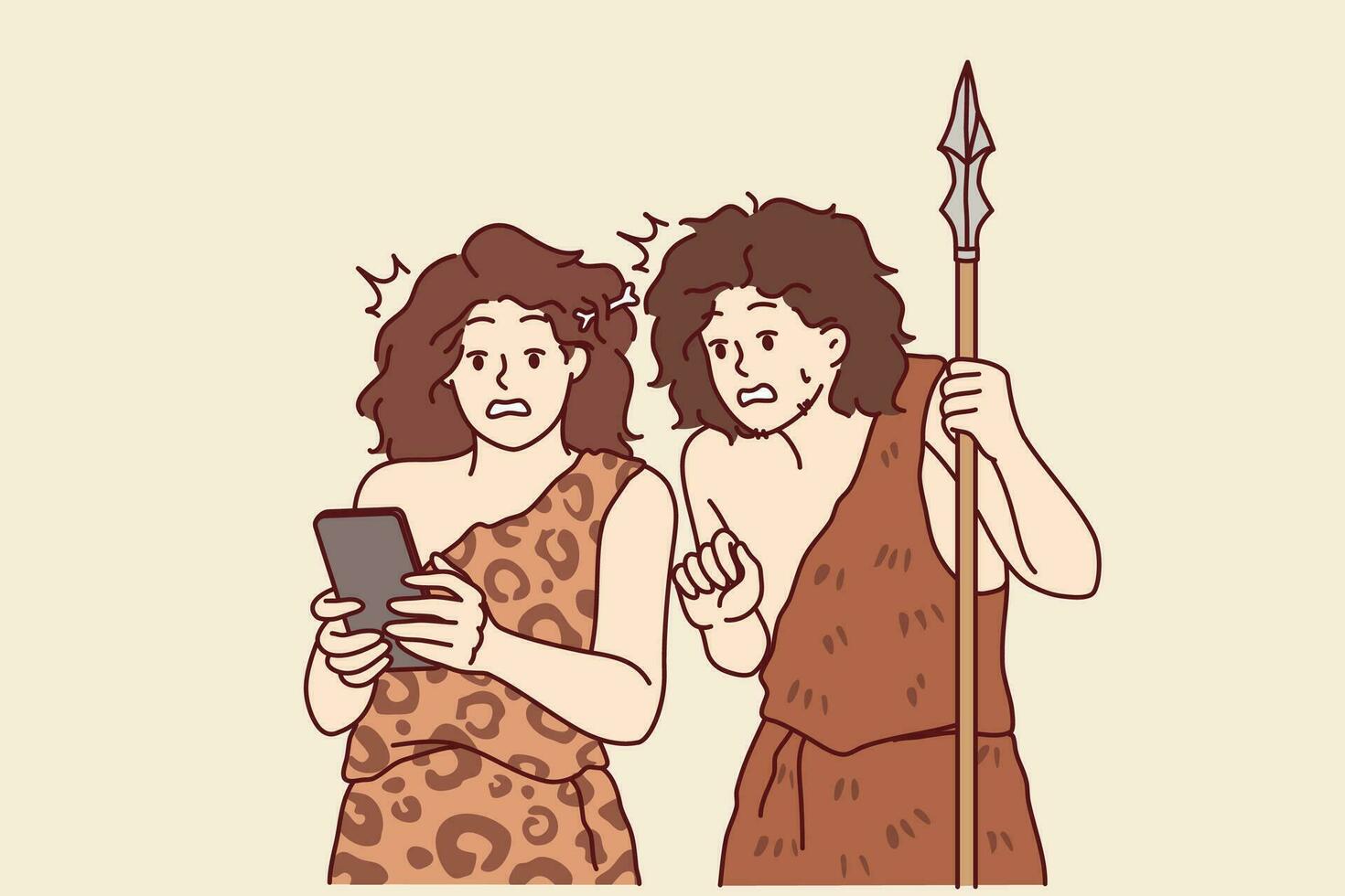 Ancient people with mobile phone in hands marvel at technology from future during random time travel. Ancient man and woman in animal skins are looking at smartphone, feeling in awe of magical gadget. vector