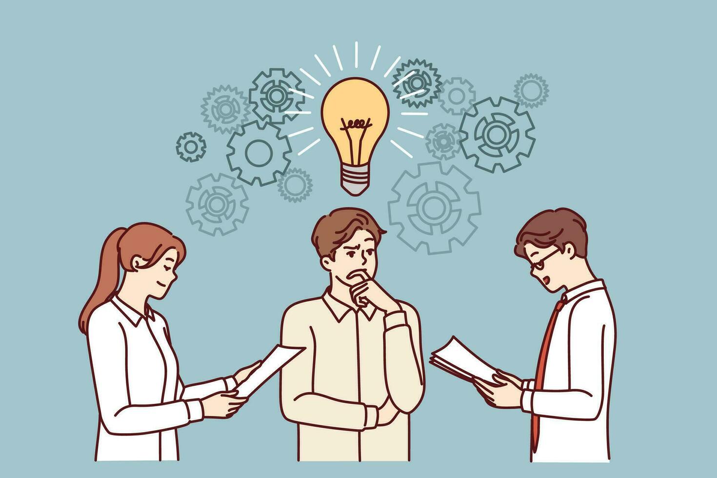 Business partners are brainstorming, discussing new ideas for development of company, standing with large light bulb over heads. Boss listens to ideas of subordinates to improve startup workflows vector
