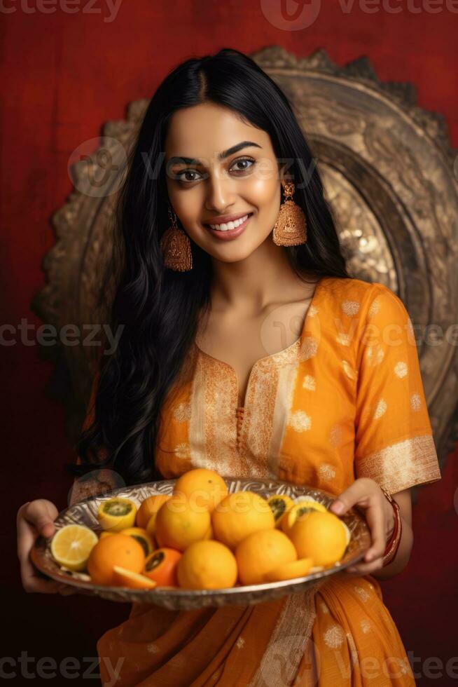 ai generado un mujer en un tradicional indio atuendo, posiblemente un punjabi vestido, es ofrecimiento un variedad de frutas en un metal bol. foto