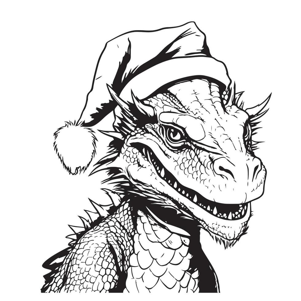 Cute little dragon. Coloring book for children. Baby Dragon wearing a Santa hat. vector
