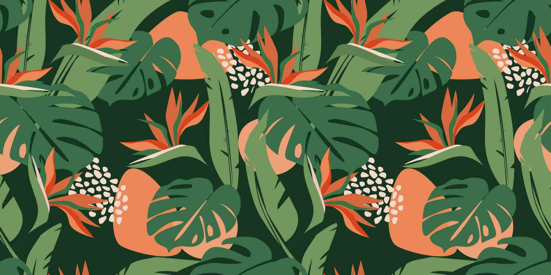 Seamless pattern with abstract tropical floral print of palm leaves, monstera, strelitzia flowers. Vector graphics.