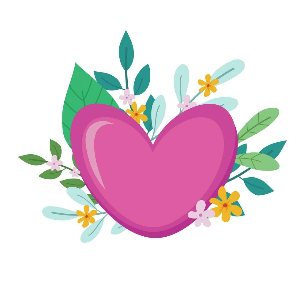 Pink heart with sprigs of leaves and flowers. Valentine's Day. Flat heart illustration. vector