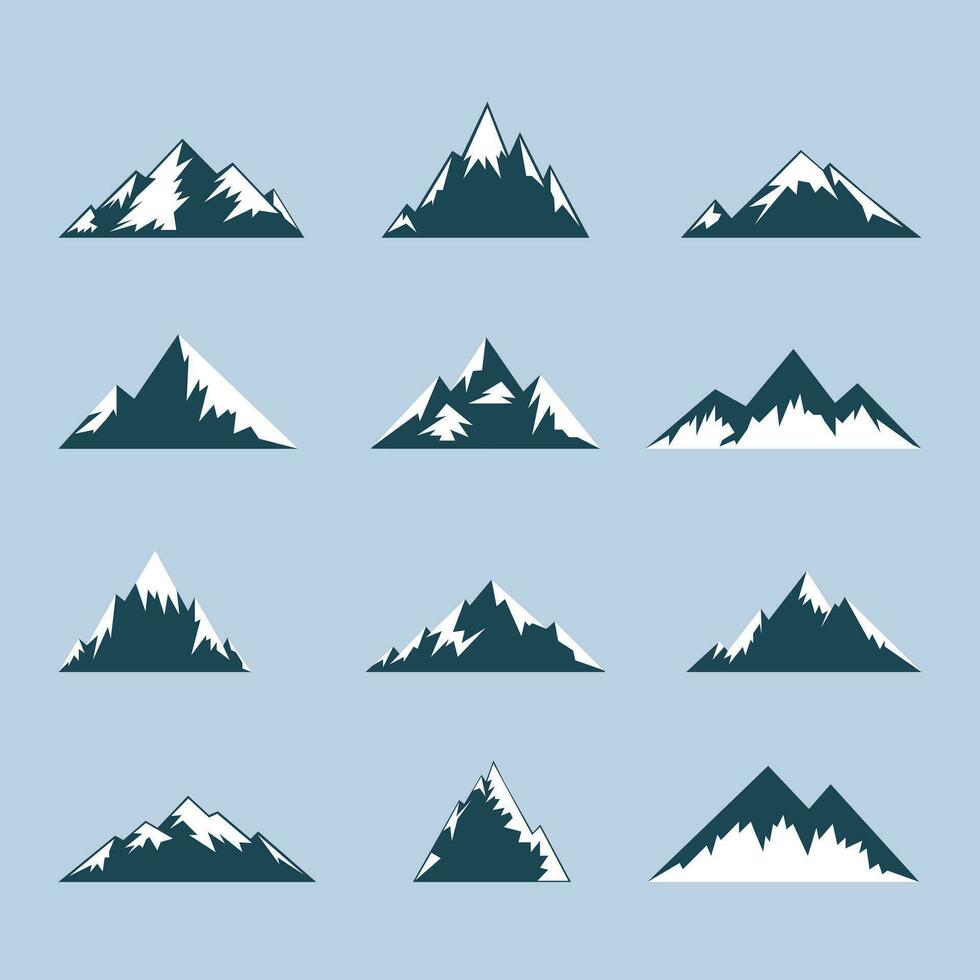 Set of vector icons of mountains. Tourism, camping icons. Mountain travel labels and design elements
