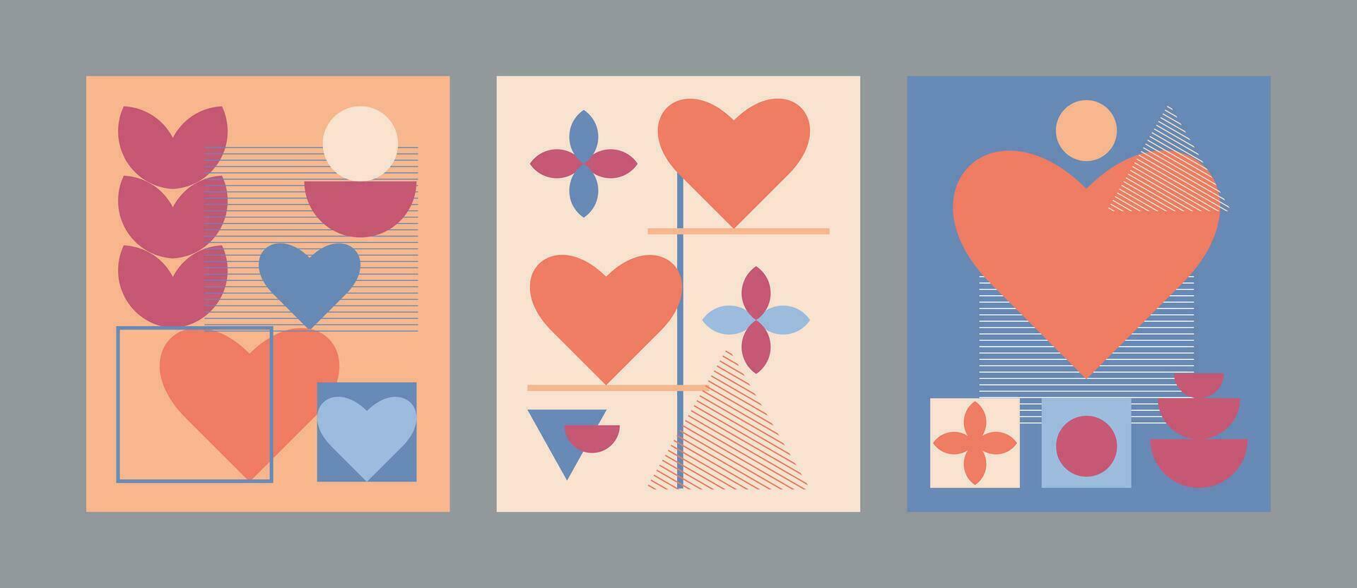 conjunto en Bauhaus estilo con corazón formas diseño para San Valentín día. diseño para tarjetas, carteles, pancartas, web publicidad. vector