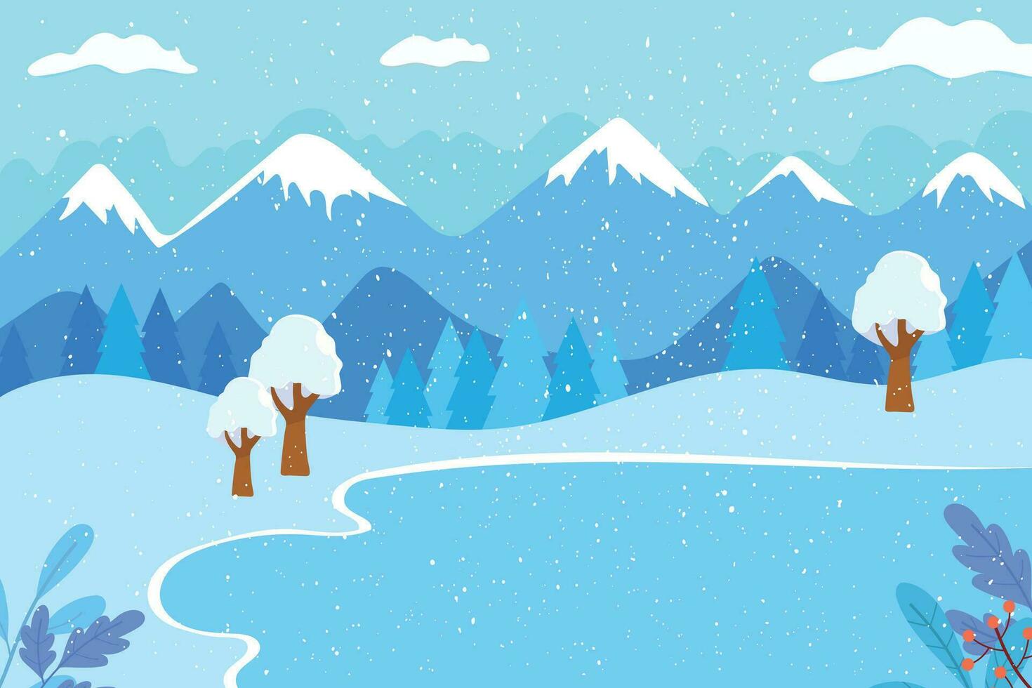 Winter morning. Winter landscape with mountains, lake, trees and fir trees. Vector winter illustration.