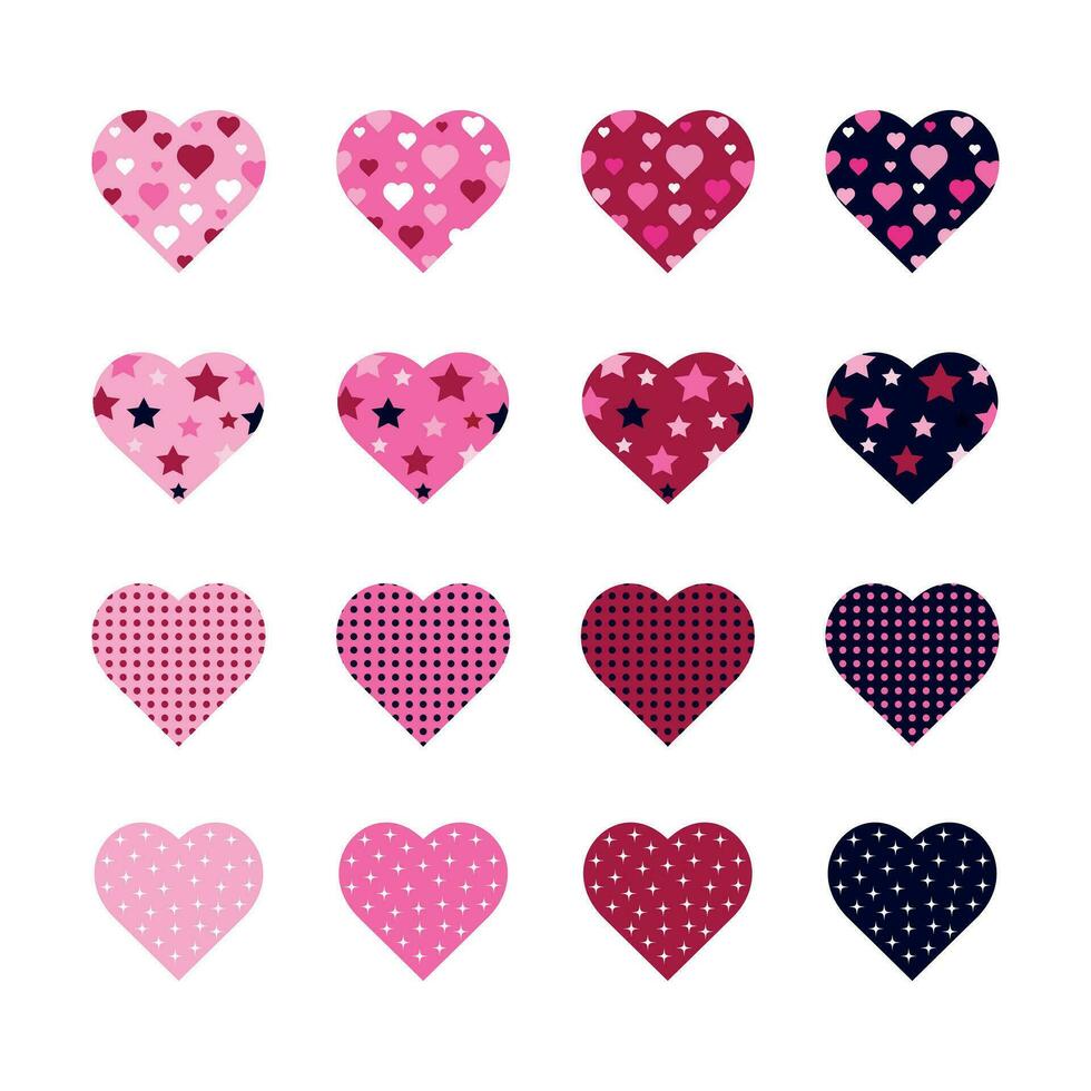 Hearts of different colors with patterns in patchwork style. Hearts for design of cards, banner, poster. vector