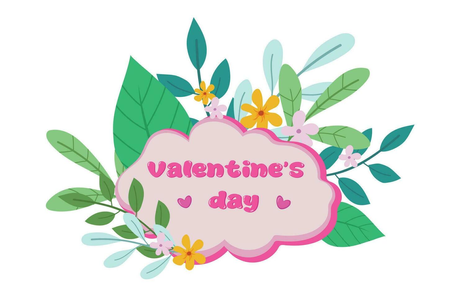 Flat card with hearts and flowers for Valentine's Day. vector
