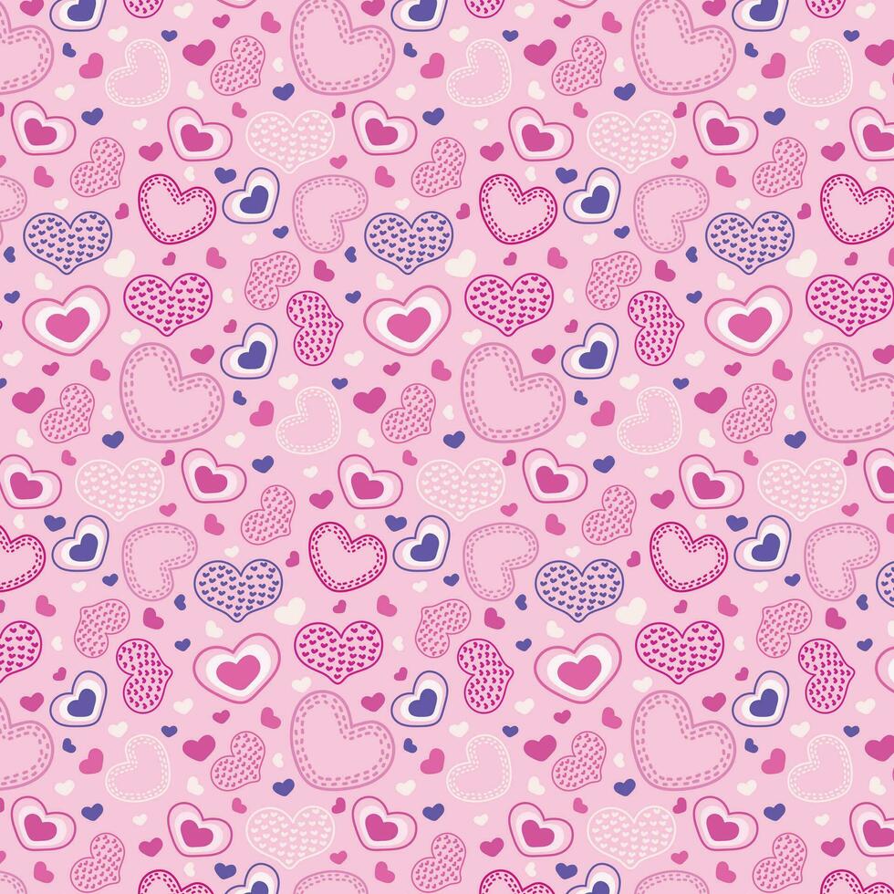 Background with drawn Doodle hearts in pink tones. Pattern on the swatch panel. vector