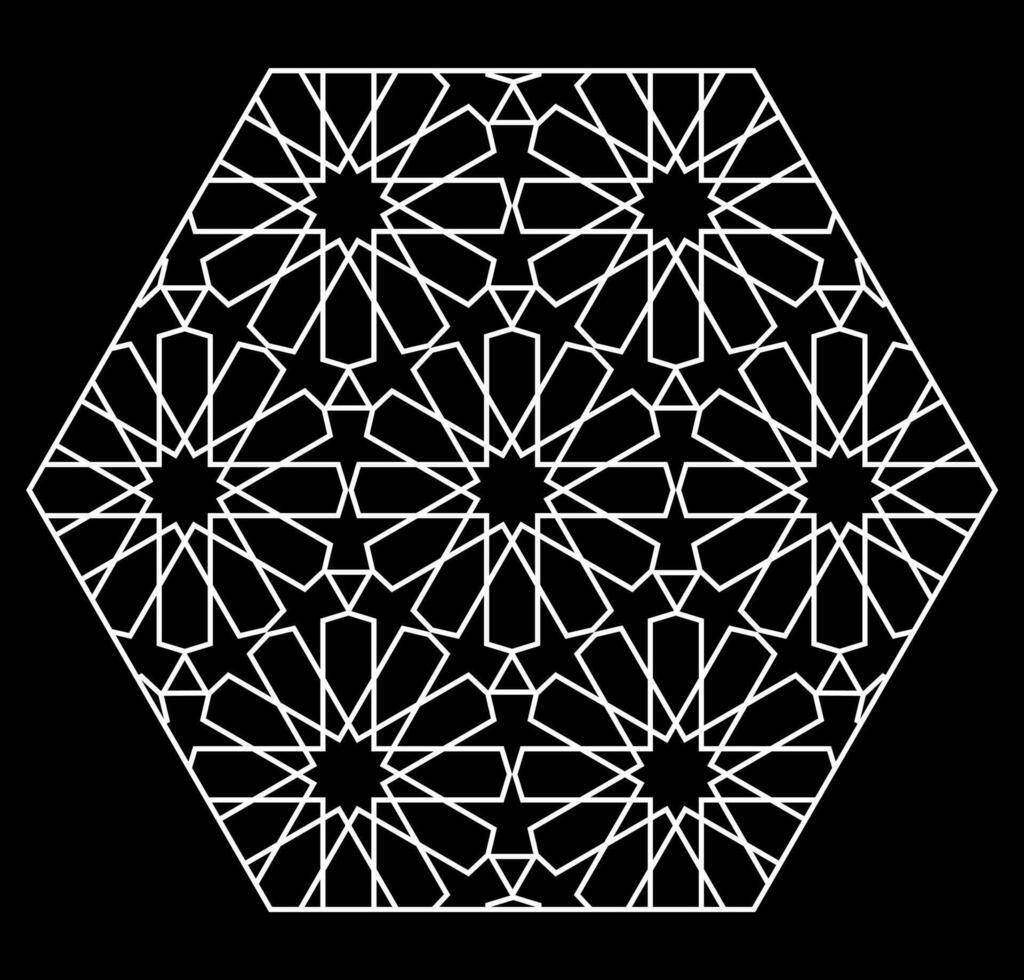 Hexagonal islamic pattern. White outline hexagonal texture on black background. Arabic design element. vector