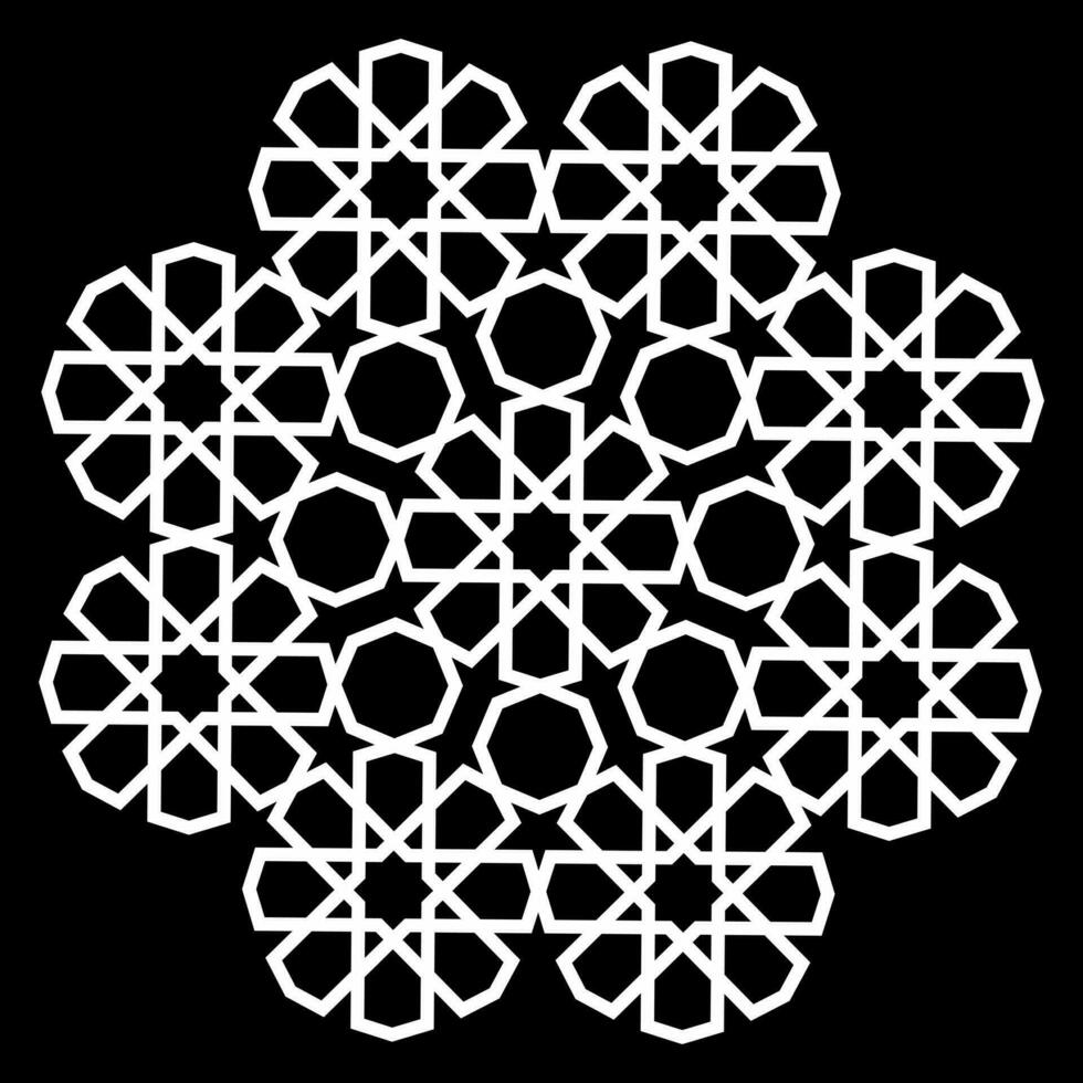 Geometric islamic pattern. White outline texture on black background. Arabic design element. vector