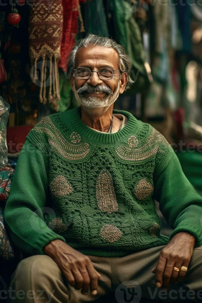 AI generated An Old Man with a Big Smile, Wearing a Green Sweater photo