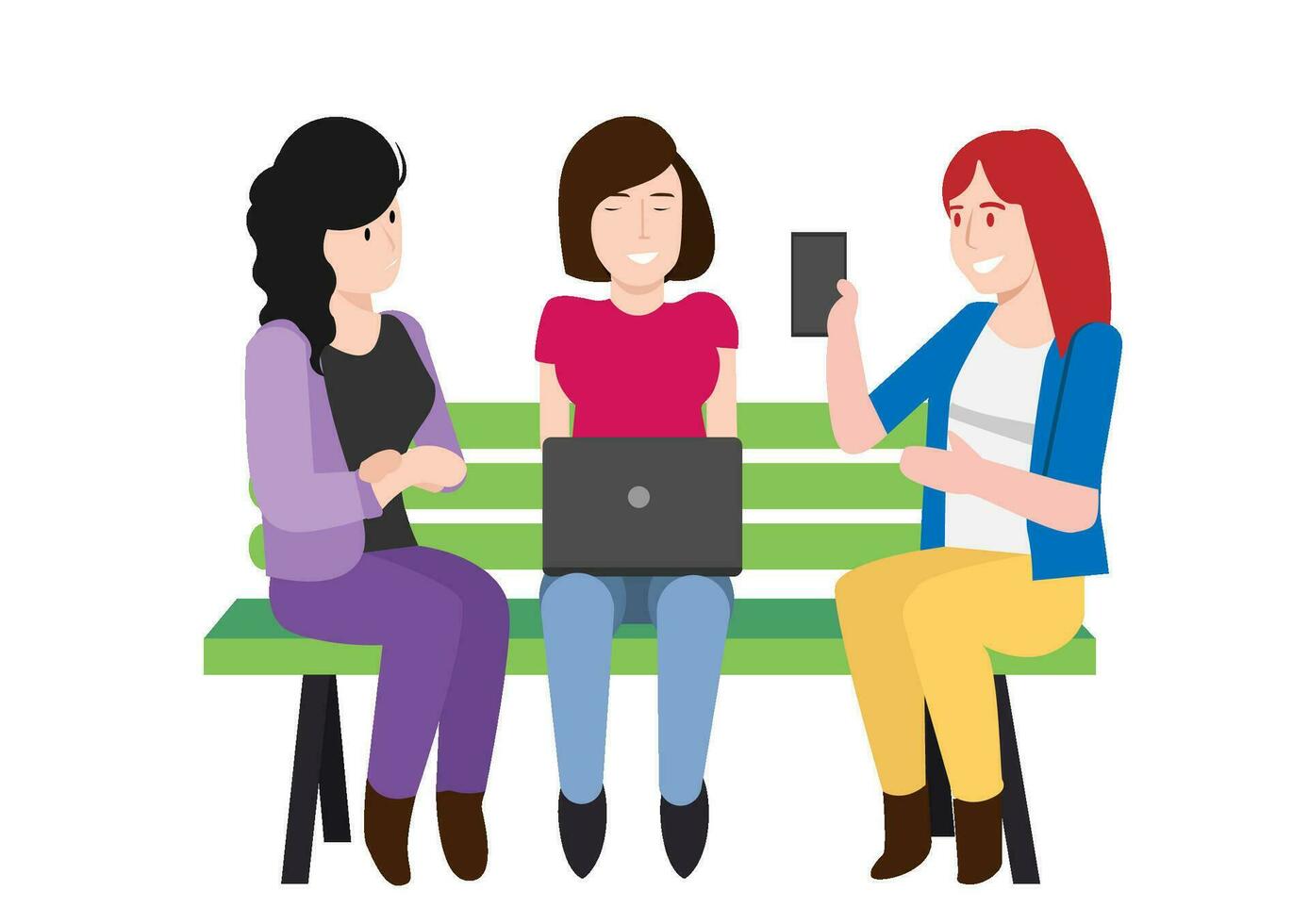 Female friends chatting happily on a bench. Vector illustration