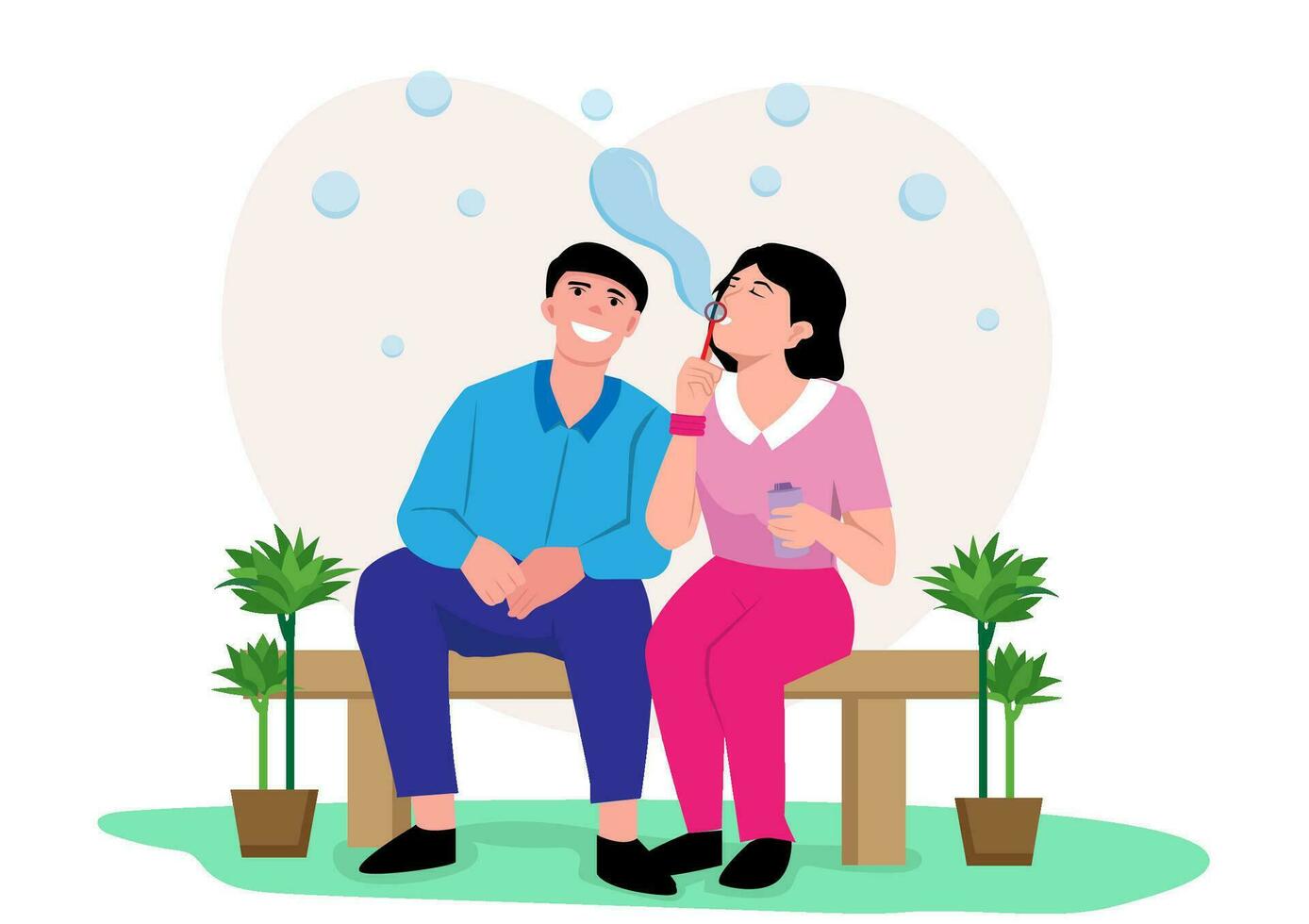 young woman blows air to create bubbles from a foaming liquid. The young man sat and watched with satisfaction. Vector illustration