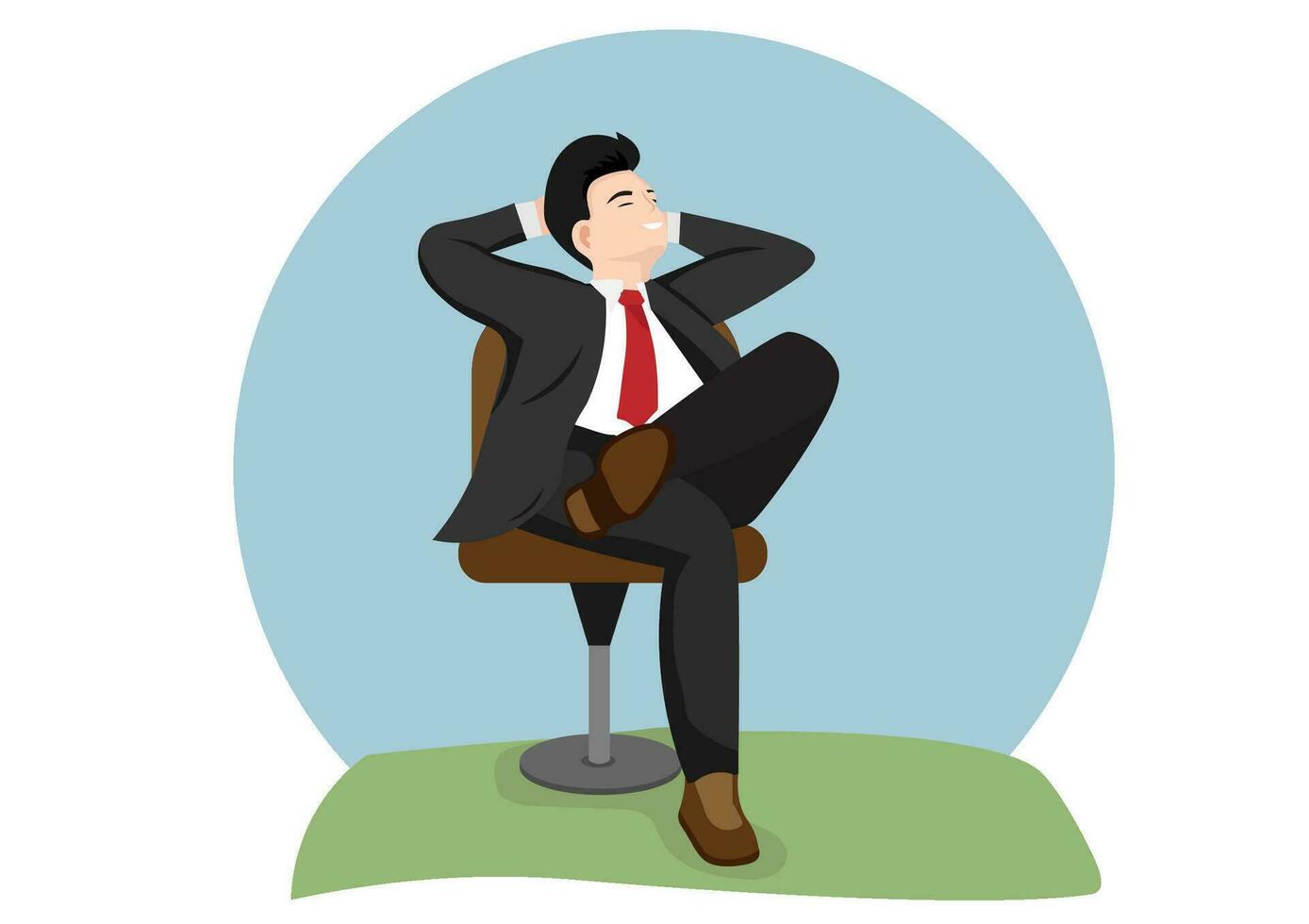 empresario sentado tranquilamente en un silla cruzar tu piernas y sitio tu manos detrás tu cabeza. negocio líder descansando en un calma pose. ilustraciones vector