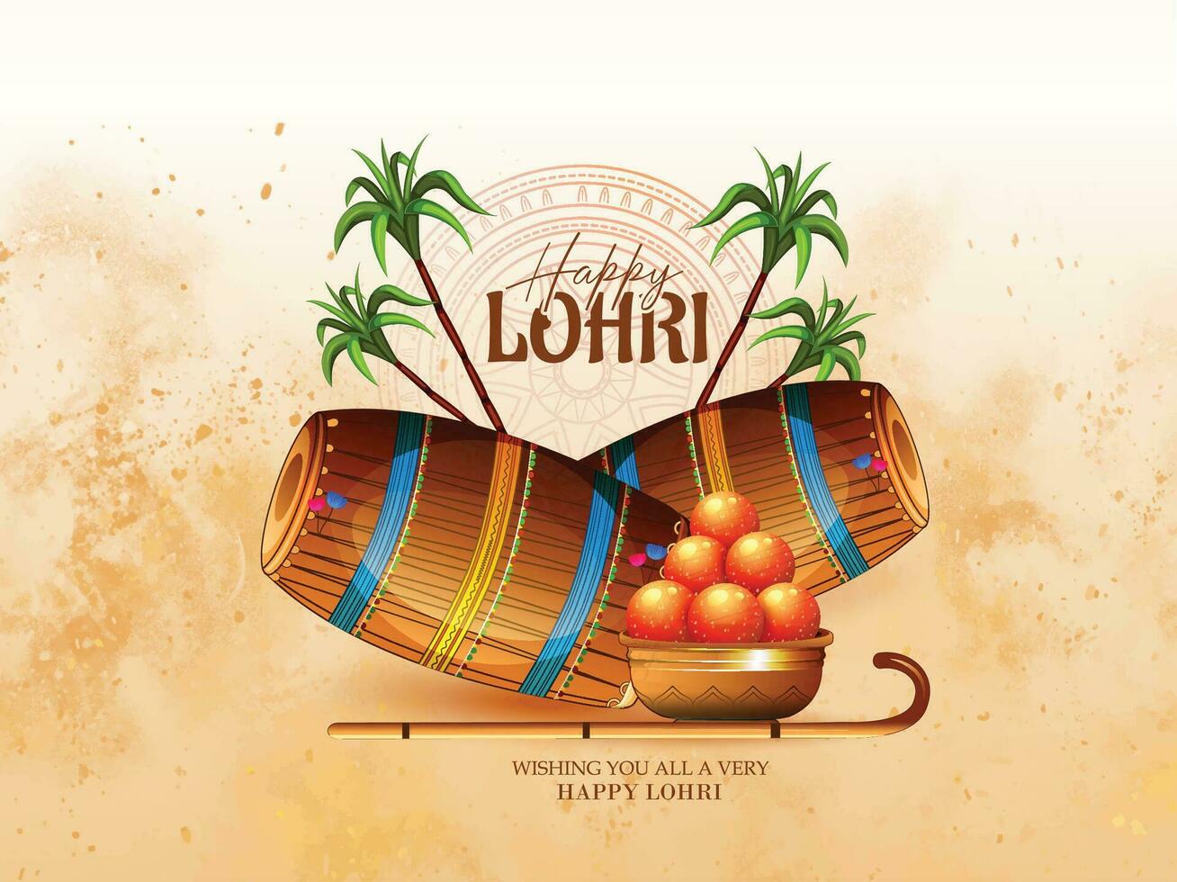 Punjabi festival of lohri celebration bonfire background with decorated drum. vector