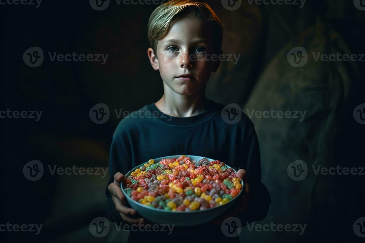 AI generated A Boy Holding a Bowl of Colorful Popsicles photo