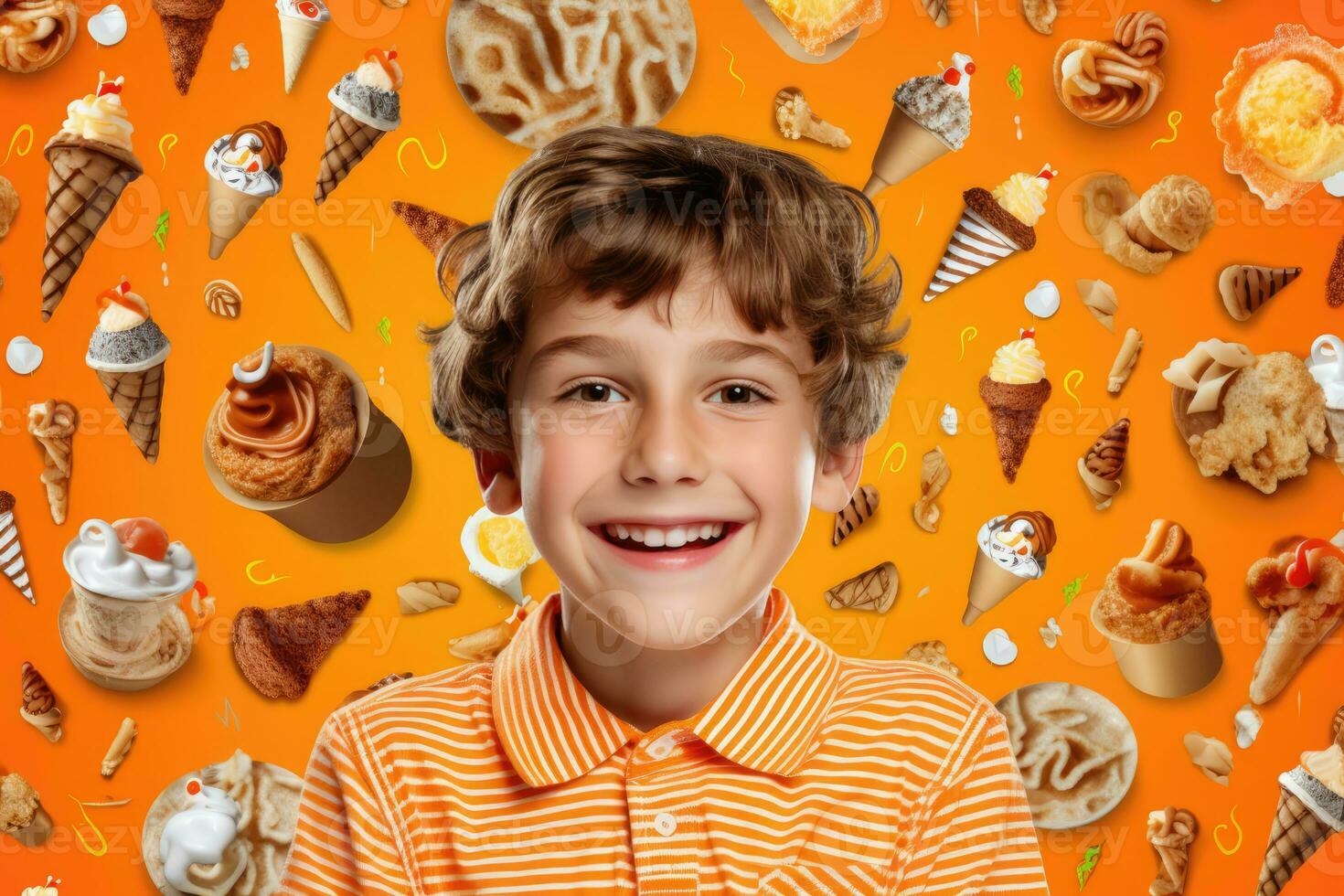 AI generated Happy young boy surrounded by a plethora of ice cream cones photo