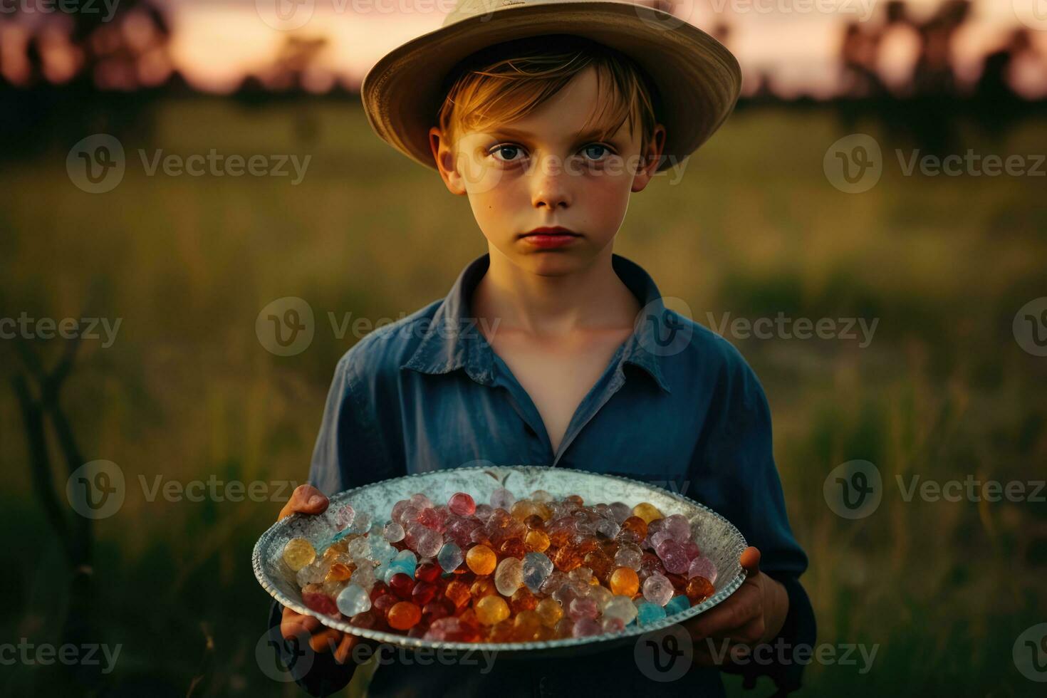 AI generated A Young boy with a metal tray full of glass marbles photo