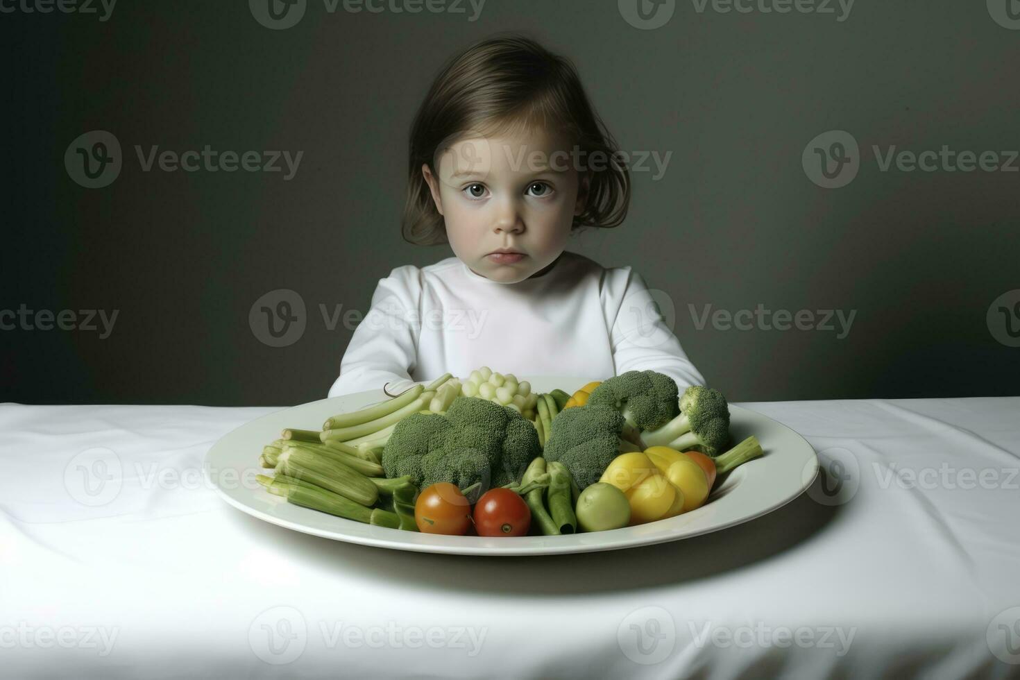 AI generated A little girl sitting in front of a plate full of vegetables photo