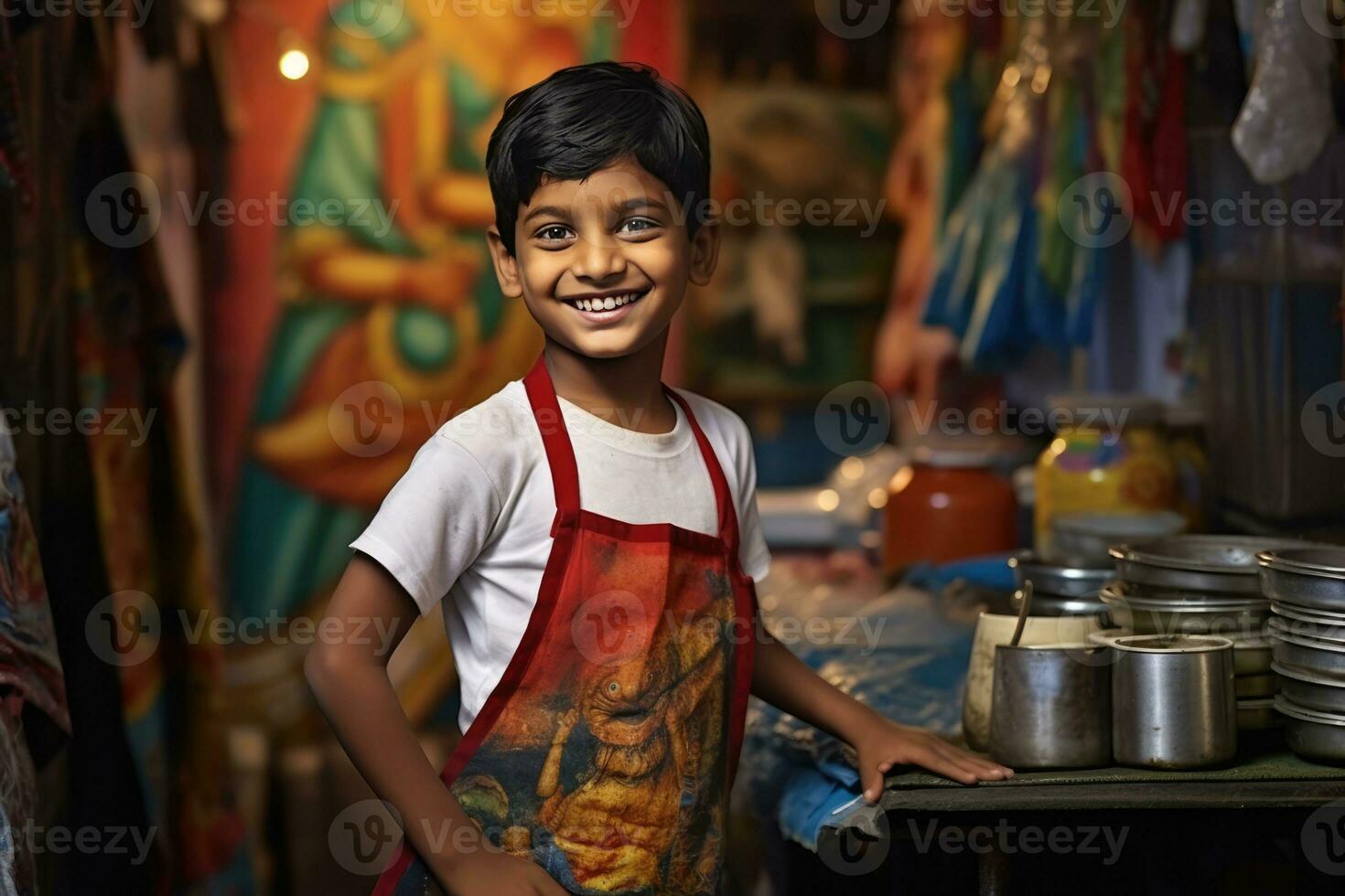 AI generated A Young Shop Boy Smiling at the Camera - A Portrait in the Kitchen photo