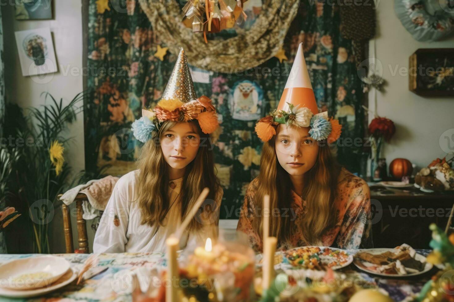 ai generado dos chicas, Gemelos tal vez, vistiendo cumpleaños sombreros y sentado a un comida mesa foto