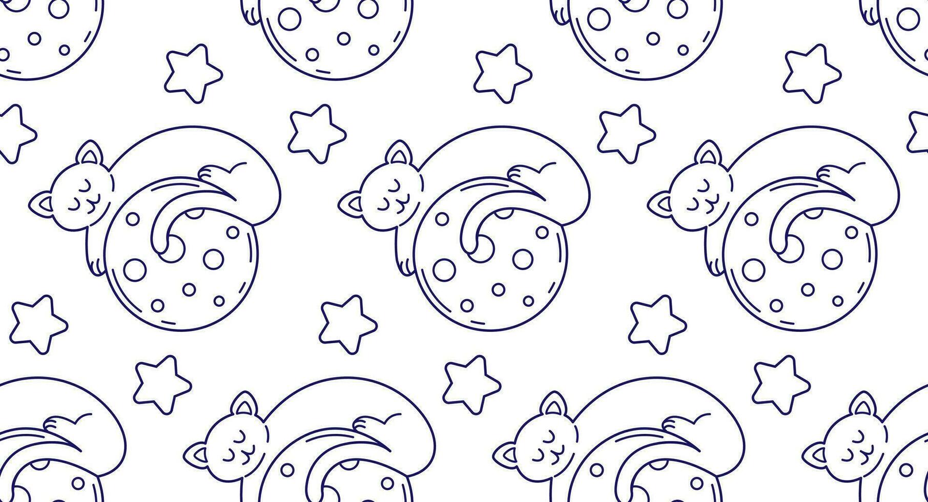 Seamless pattern with sleeping cats on the moon. Vector background in line art style, doodle illustration.