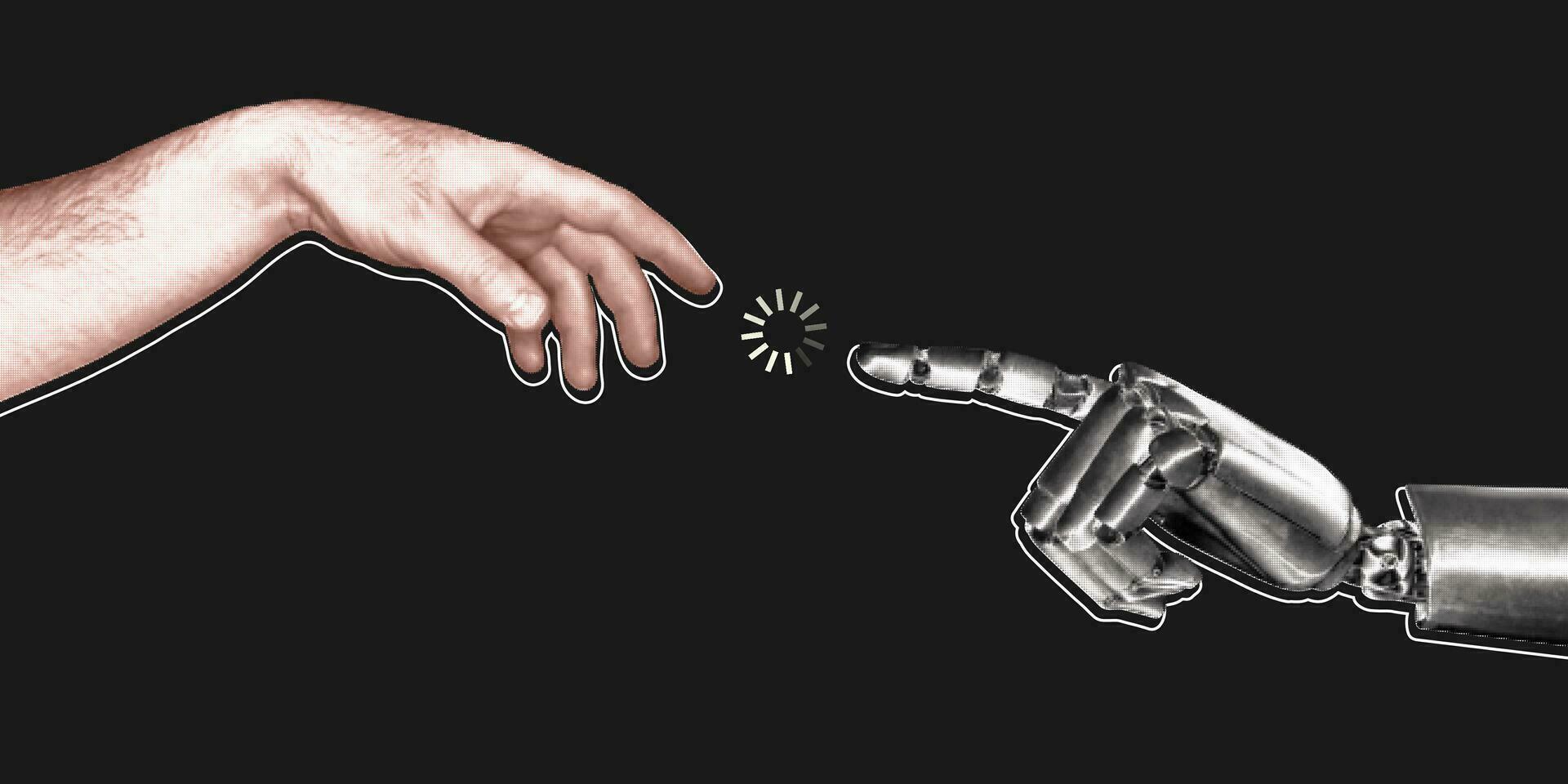 Robot and human hand in retro collage style with halftone. Vector illustration, artificial intelligence concept.