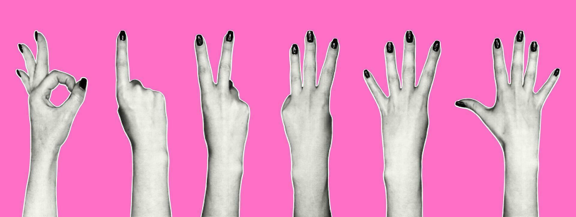 Set of female hands in retro collage style. Women's hands count the icons. Gesture calculation, different finger numbers, interactive communication signs. vector