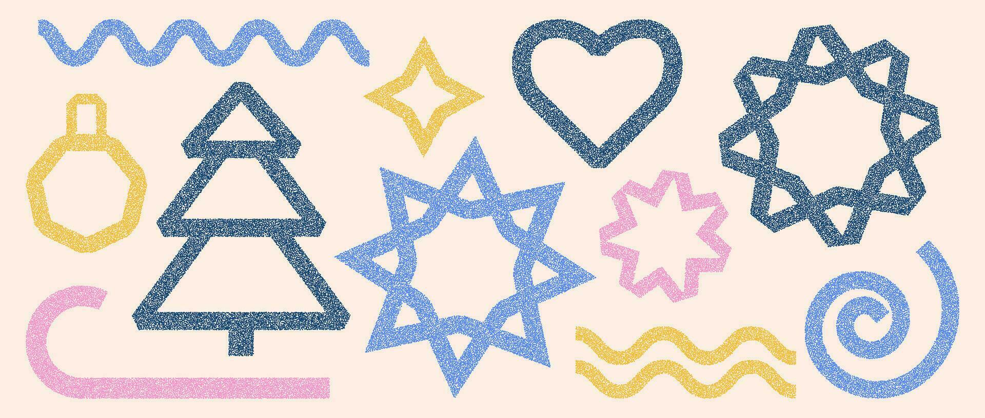 A set of colorful Christmas shapes with a grainy effect. Vector illustration of geometric symbols of Christmas tree, snowflake, star, heart, spiral and other elements.