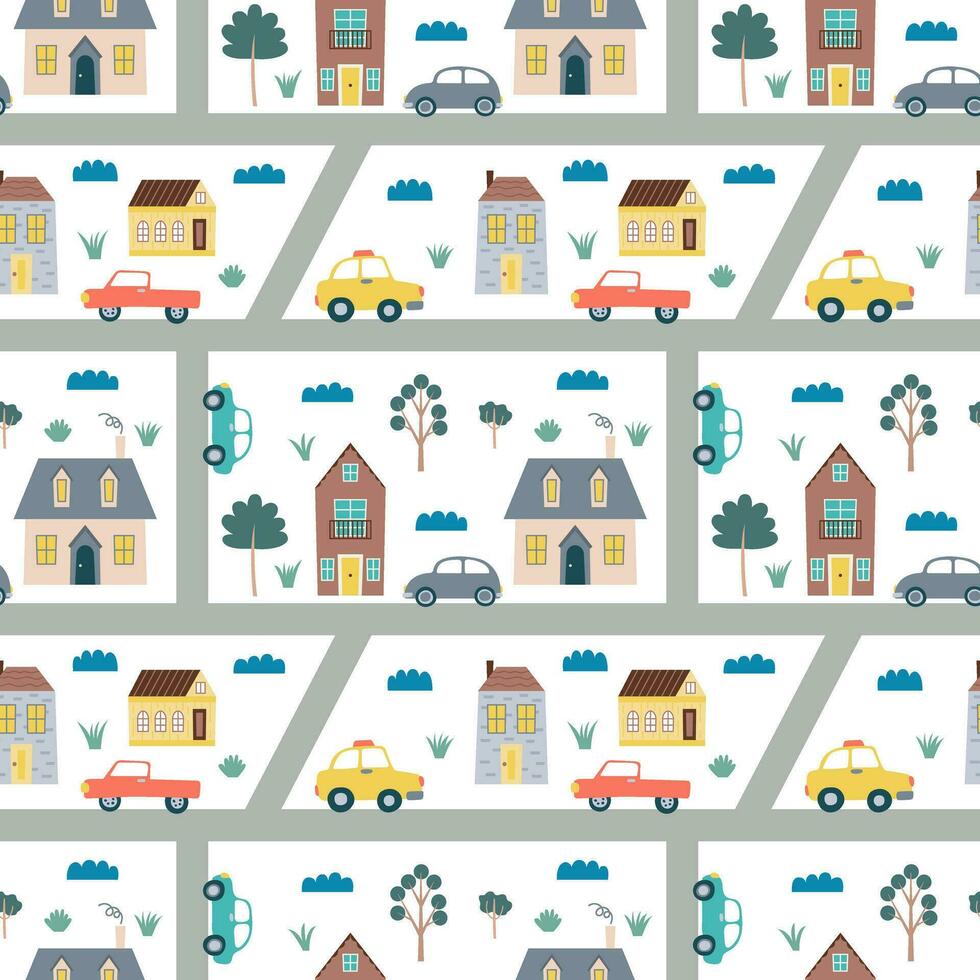 Kids map seamless pattern. Vector road map with transport and houses