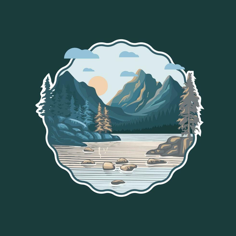 Mountain Forest River logo Retro Sunset Circle eps File Types Commercial Use Outdoor Adventure vector