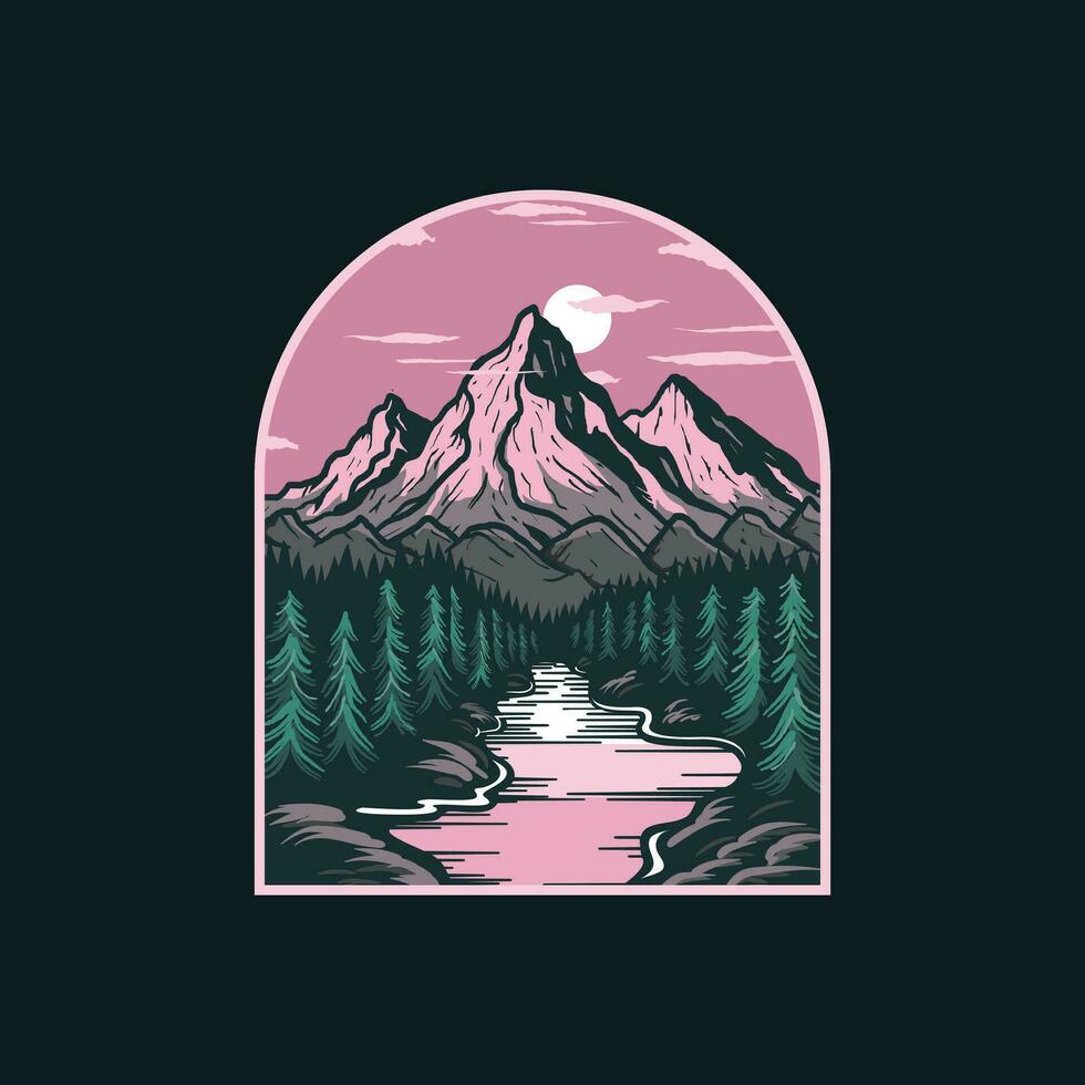 montaña lago pino bosque aventuras Insignia logo Clásico estilo vector