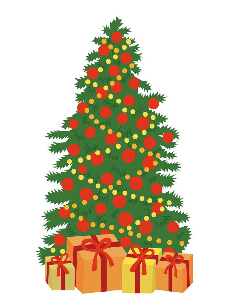 Vector Christmas tree with gift boxes and decorations. Christmas tree decorated illustration.