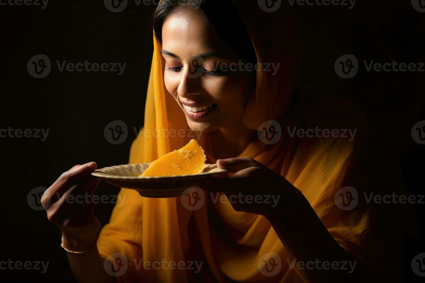 ai generado un mujer disfrutando un rebanada de naranja en un brillante ajuste foto