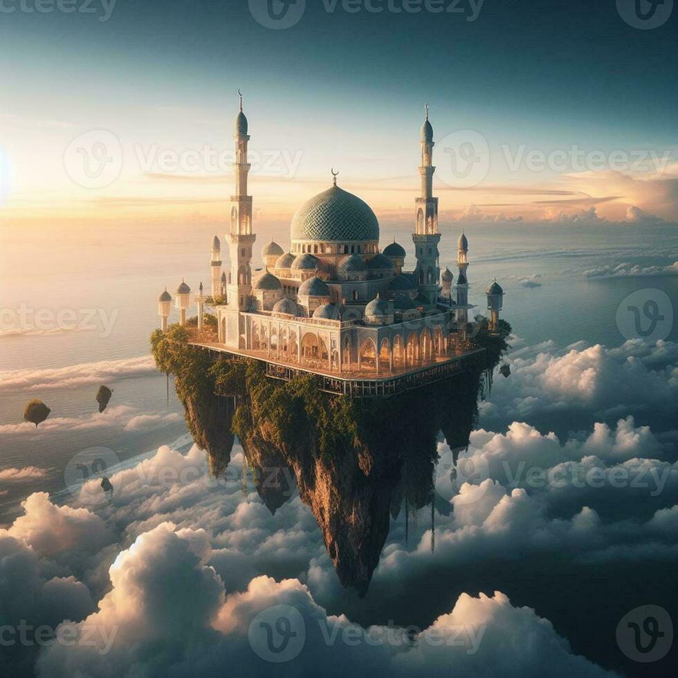 AI generated a mosque that floats on the endless sea. AI generated photo