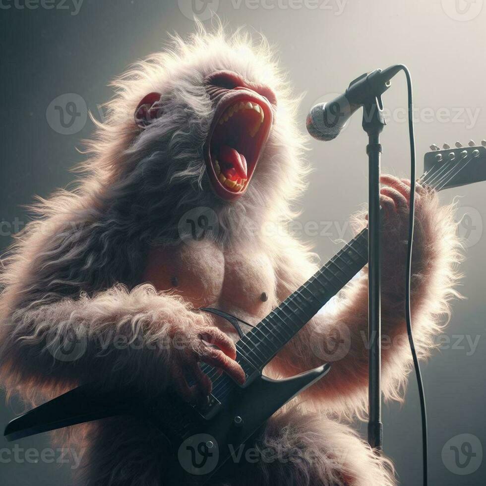 ai generado ilustración de un mono jugando guitarra, canto roca, generado por ai foto